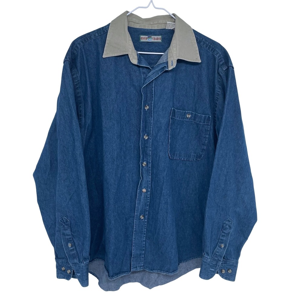 Vintage Denim Long Sleeve Button Down Shirt w/ Canvas‎ Collar Large River Trader